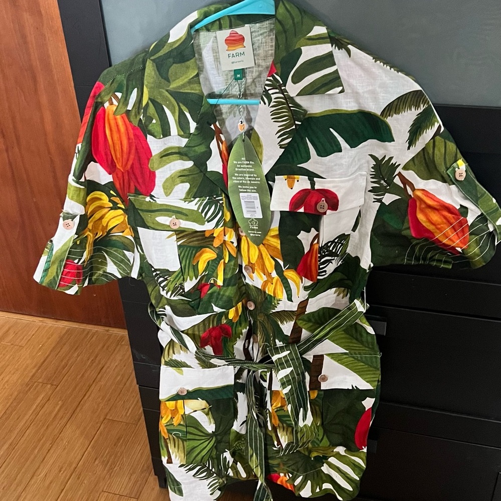 [NWT - size Medium] Farm Rio Cocoa Forest Mini Dress - tropical linen pockets